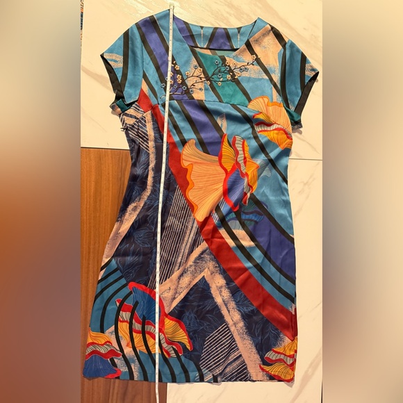 Hermes Style Silk Colorful Floral Geometric Dress - Picture 6 of 10